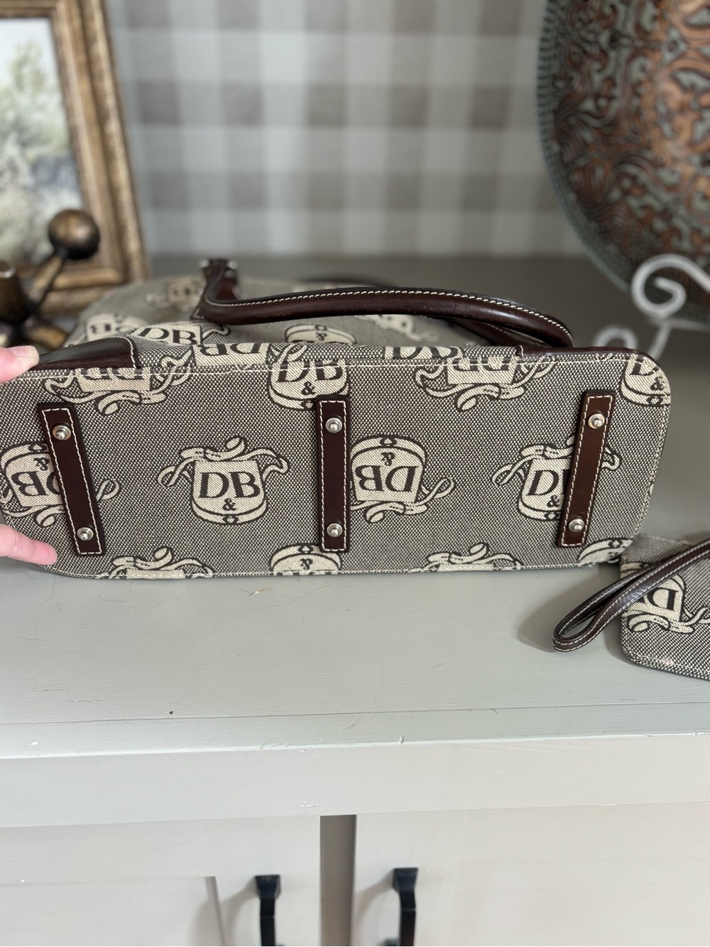 Dooney & Bourke Signature Monogram Satchel Handbag + Matching Wristlet Brown - Picture 9 of 12
